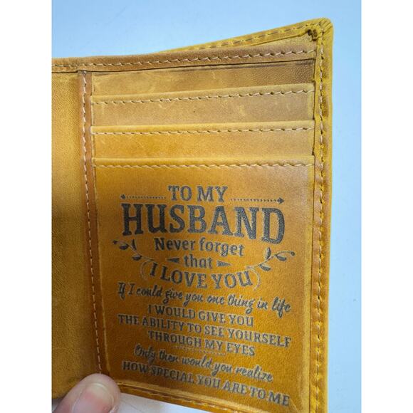 Engraved Trifold Leather Wallet Tan To My Husband 4.5X3 Business ID Card Gift - Picture 4 of 5
